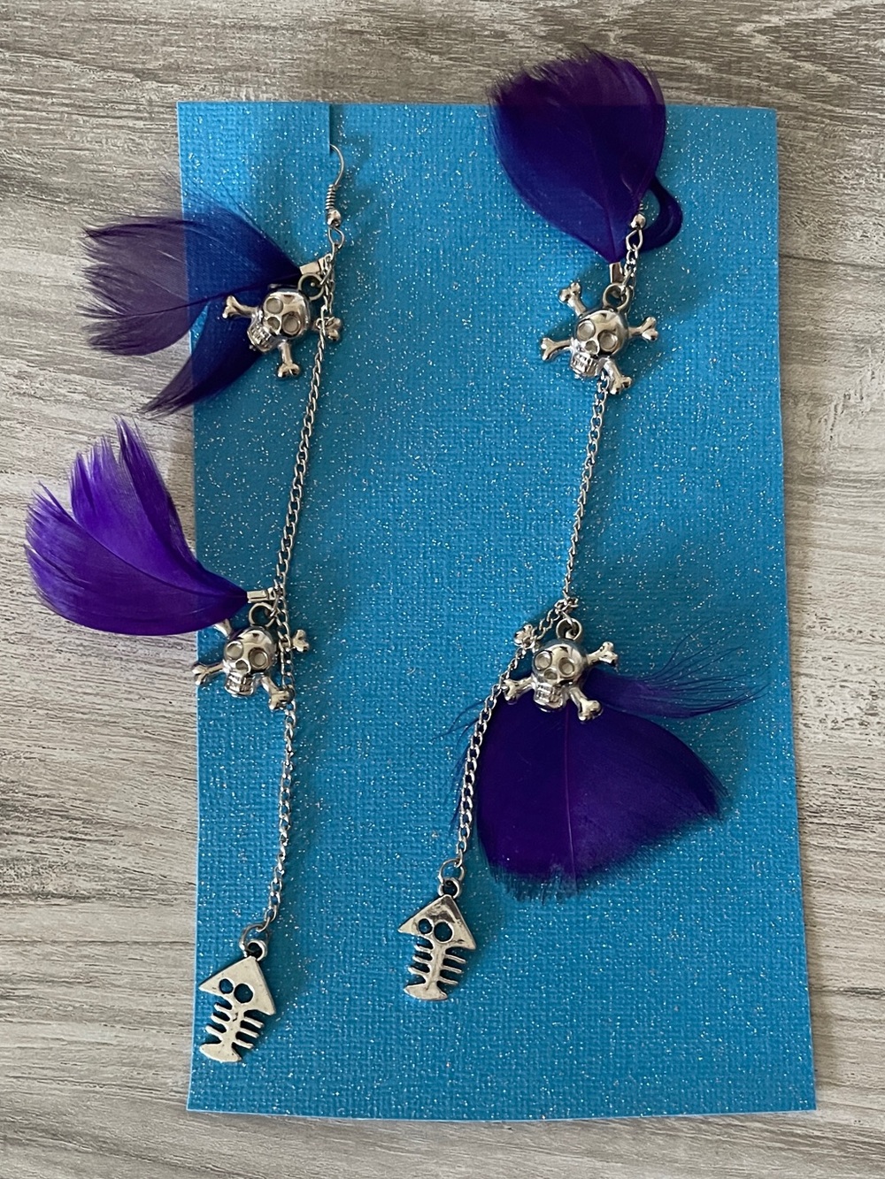 Purple Feather Silver Skull Earrings 5.5”